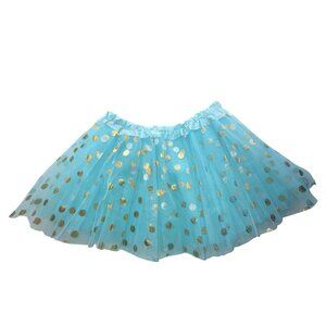 Girls Tutu Skirt Gold Polka Dots Elastic Waist Aqua Blue L 10/12